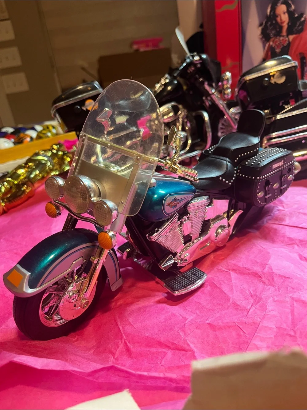 vintage blue Buddy L Harley-Davidson toy motorcycle from the mid-1990s